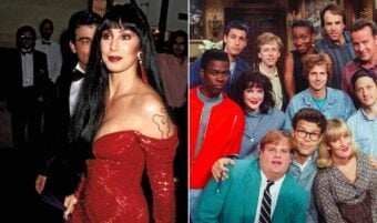 On the left, a woman in a sparkling red dress poses at an event. On the right, a group of people, including men and women, smile together, dressed casually, in what appears to be a cast photo.