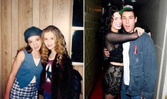 A split image: On the left, two young girls pose together in casual 90s outfits in front of a wooden wall. On the right, a woman in black hugs a surprised man wearing a cap and jacket in a hallway.