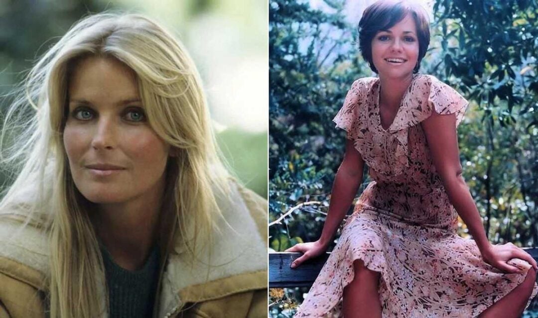 Side-by-side photos of two women outdoors; the left woman has long blonde hair, wearing a tan jacket, and the right woman has short brown hair, wearing a light floral dress and sitting on a wooden rail.