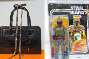 A split image: on the left, a black crocodile-patterned handbag with a brown ribbon bow sits on an orange surface; on the right, a boxed Star Wars Boba Fett action figure by Kenner is displayed.