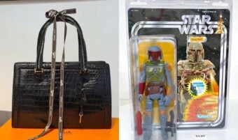 A split image: on the left, a black crocodile-patterned handbag with a brown ribbon bow sits on an orange surface; on the right, a boxed Star Wars Boba Fett action figure by Kenner is displayed.