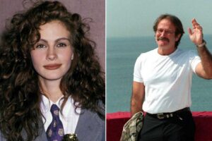A split image: on the left, a woman with curly brown hair wearing a suit and tie; on the right, a man with glasses and a mustache wearing a white shirt waving outdoors near water.