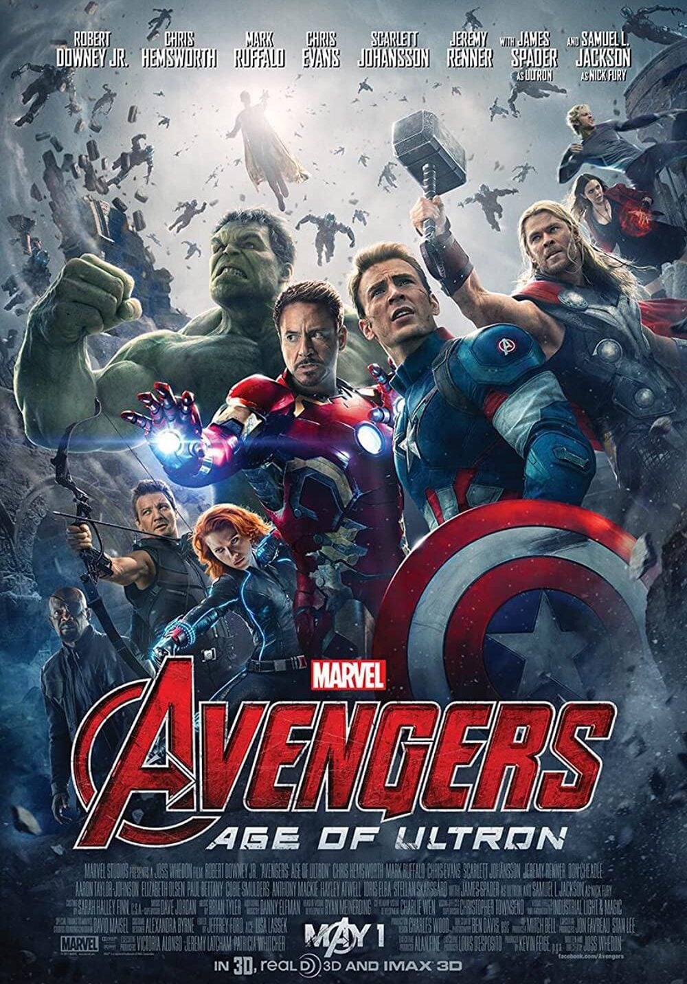 Poster for Marvel's "Avengers: Age of Ultron" showing the main Avengers team, including Iron Man, Captain America, Thor, Hulk, Black Widow, and Hawkeye, ready for battle against a swarm of flying robots.