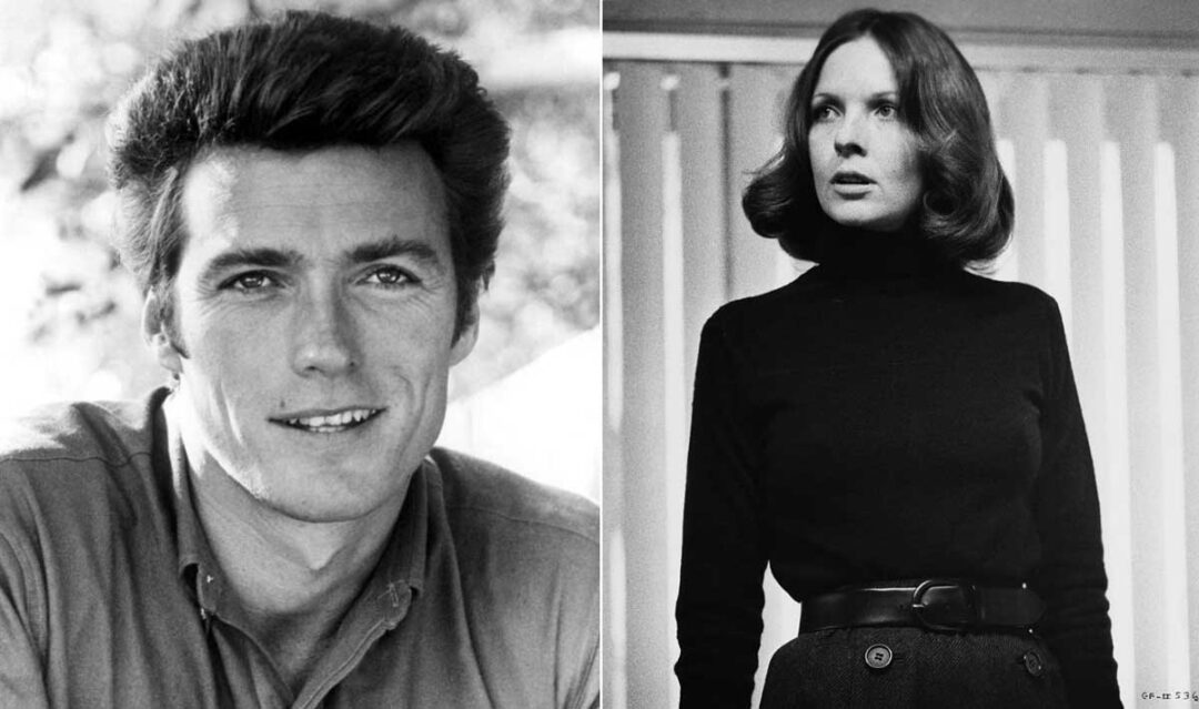 A black-and-white split image shows a smiling man with short hair on the left and a woman with shoulder-length hair wearing a dark turtleneck and skirt on the right, both looking away from the camera.