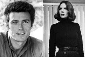 A black-and-white split image shows a smiling man with short hair on the left and a woman with shoulder-length hair wearing a dark turtleneck and skirt on the right, both looking away from the camera.