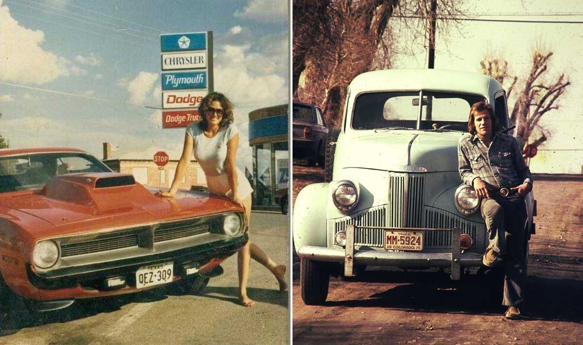 Split image: On the left, a woman poses with a red vintage muscle car near a Chrysler dealership sign. On the right, a man sits on the bumper of an old grey car parked on a tree-lined street.
