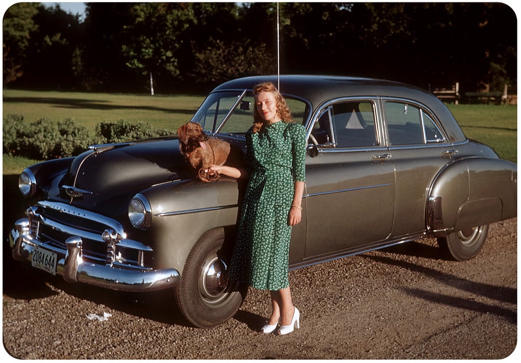 A woman in a green polka dot dress and white shoes stands by a vintage gray car, smiling, with a small brown dog sitting on the car’s hood. Trees and grass fill the background on a sunny day.