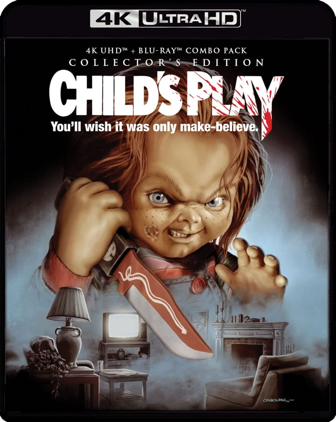 Cover art for the "Child's Play" 4K UHD Blu-ray features Chucky, an evil doll with red hair and overalls, holding a large bloody knife, with a living room scene and TV in the background. Text includes the film's title and tagline.
