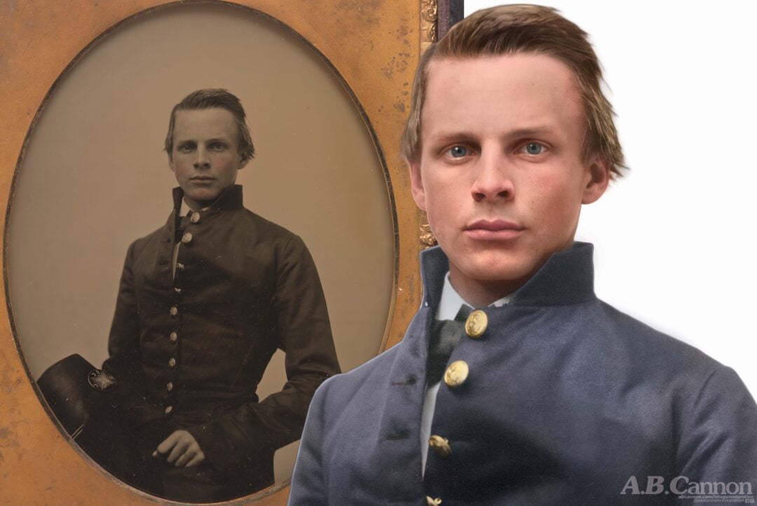 A historical portrait of a young man in a Civil War-era military uniform is shown in sepia tones on the left, with a colorized modern restoration of the same image on the right.