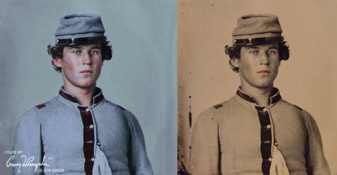 Side-by-side images of a young man in a Civil War-era military uniform; the left side is colorized, showing blue-gray tones, while the right side is the original sepia photograph.