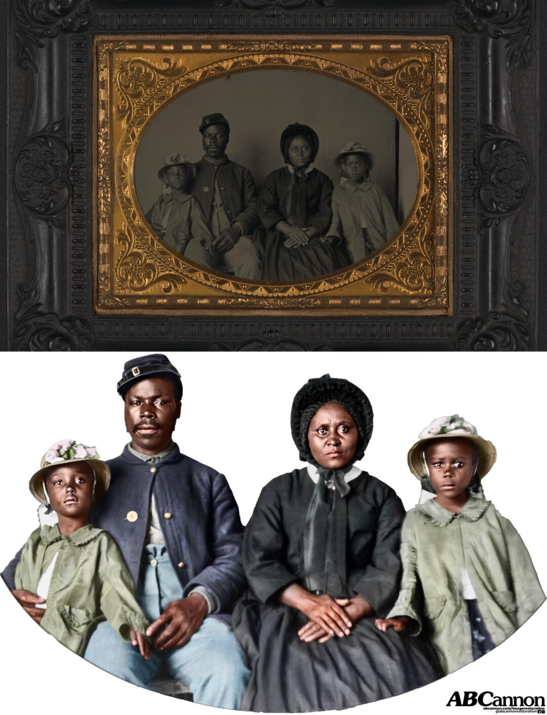 A vintage photograph of a Black Civil War-era family framed in ornate gold, shown above a modern colorized version of the same image with a man in uniform, woman in a bonnet, and two children wearing hats.