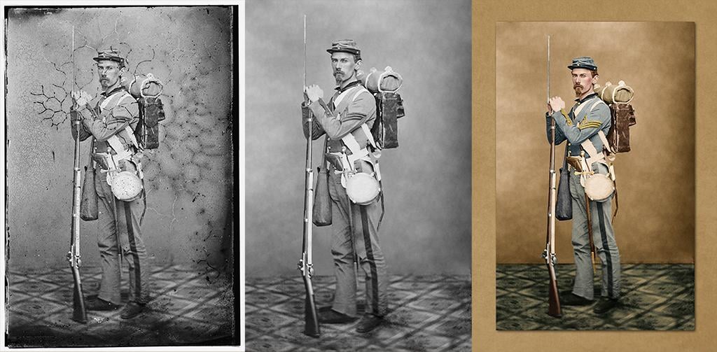 Three side-by-side images show a Civil War soldier standing with a rifle: the first is a cracked black-and-white photo, the second is a colorized version, and the third has a tan border and enhanced background.
