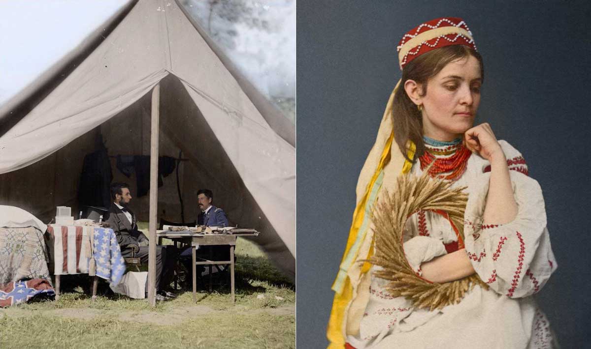 The image is split: on the left, two men in suits sit at a table outside a tent; on the right, a woman in traditional embroidered dress holds a bundle of wheat.