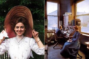 Left: A smiling woman in a vintage dress and large hat stands outdoors. Right: Two people sit at desks in a sunlit, early 20th-century office with large windows and wooden furniture.