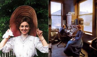 Left: A smiling woman in a vintage dress and large hat stands outdoors. Right: Two people sit at desks in a sunlit, early 20th-century office with large windows and wooden furniture.