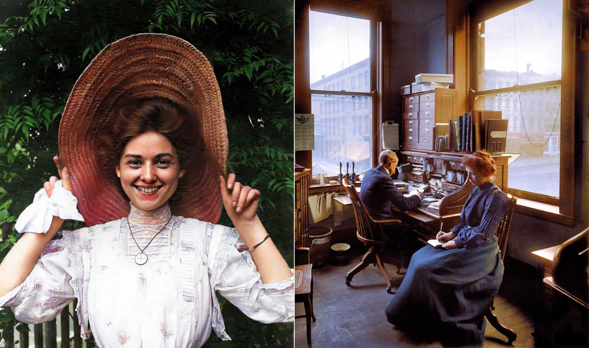 Left: A smiling woman in a vintage dress and large hat stands outdoors. Right: Two people sit at desks in a sunlit, early 20th-century office with large windows and wooden furniture.