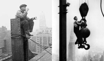Two black-and-white photos show construction workers high above New York City: one drinks while sitting on a steel beam; the other stands on a crane hook with the Chrysler Building visible in the background.