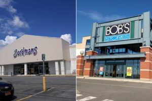 A split image shows two retail stores: on the left, a beige building with a sign reading “Gordmans”; on the right, a brick and glass storefront with a large sign for “BOB’S STORES” against a blue sky.