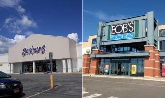 A split image shows two retail stores: on the left, a beige building with a sign reading &ldquo;Gordmans&rdquo;; on the right, a brick and glass storefront with a large sign for &ldquo;BOB&rsquo;S STORES&rdquo; against a blue sky.