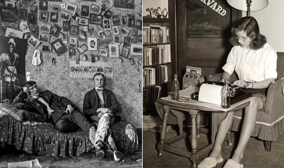 Split image: On the left, two young men in vintage clothing relax on a bed in a photo-covered room. On the right, a young woman types at a small desk, surrounded by books, with a soda bottle nearby.