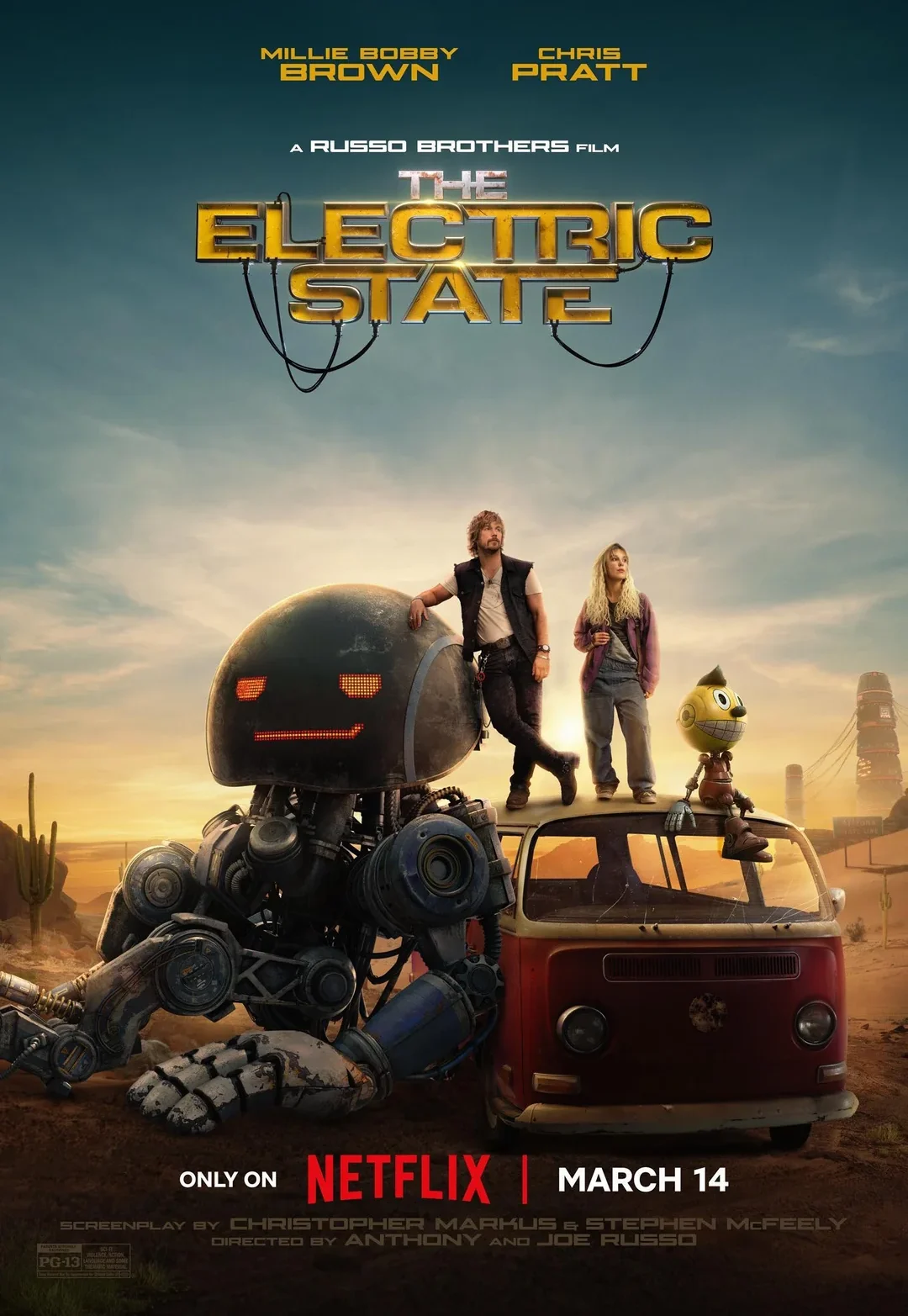 A movie poster for "The Electric State" shows two people standing on top of a rusty van alongside two robots in a desert landscape. The title and release information indicate it's on Netflix March 14.