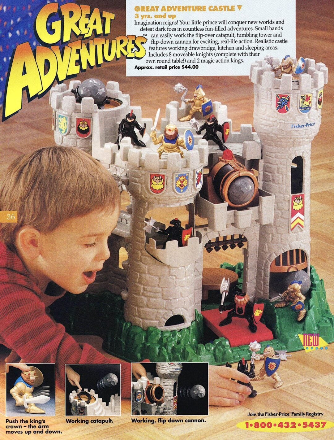A young boy plays with a Fisher-Price toy castle featuring knights, a catapult, and a working cannon. The castle has gray towers, a drawbridge, and various action features, shown in small inset images at the bottom.