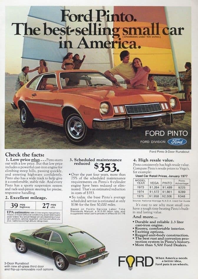 Vintage Ford Pinto advertisement with a red-orange Pinto car in the foreground, a smiling group by the beach in the background, and a green Pinto shown at the bottom among car specs and promotional text.