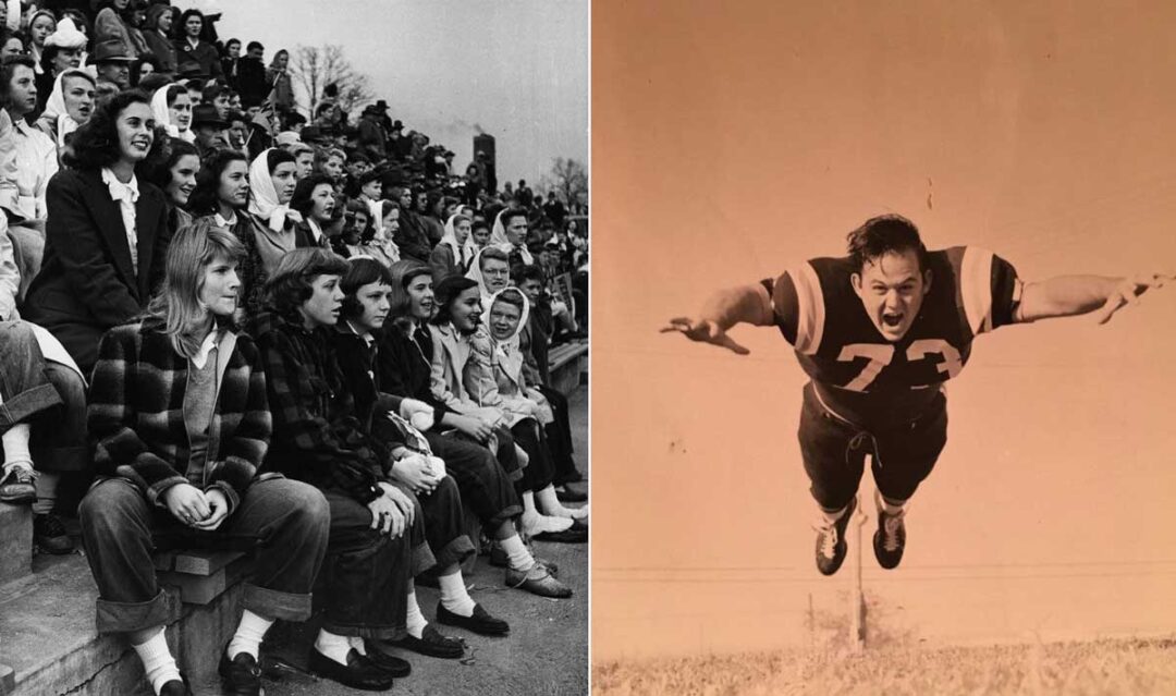 Split image: Left side shows a crowd of young women in 1950s-style clothing sitting on bleachers; right side shows a football player in uniform number 73 diving forward with an intense expression.