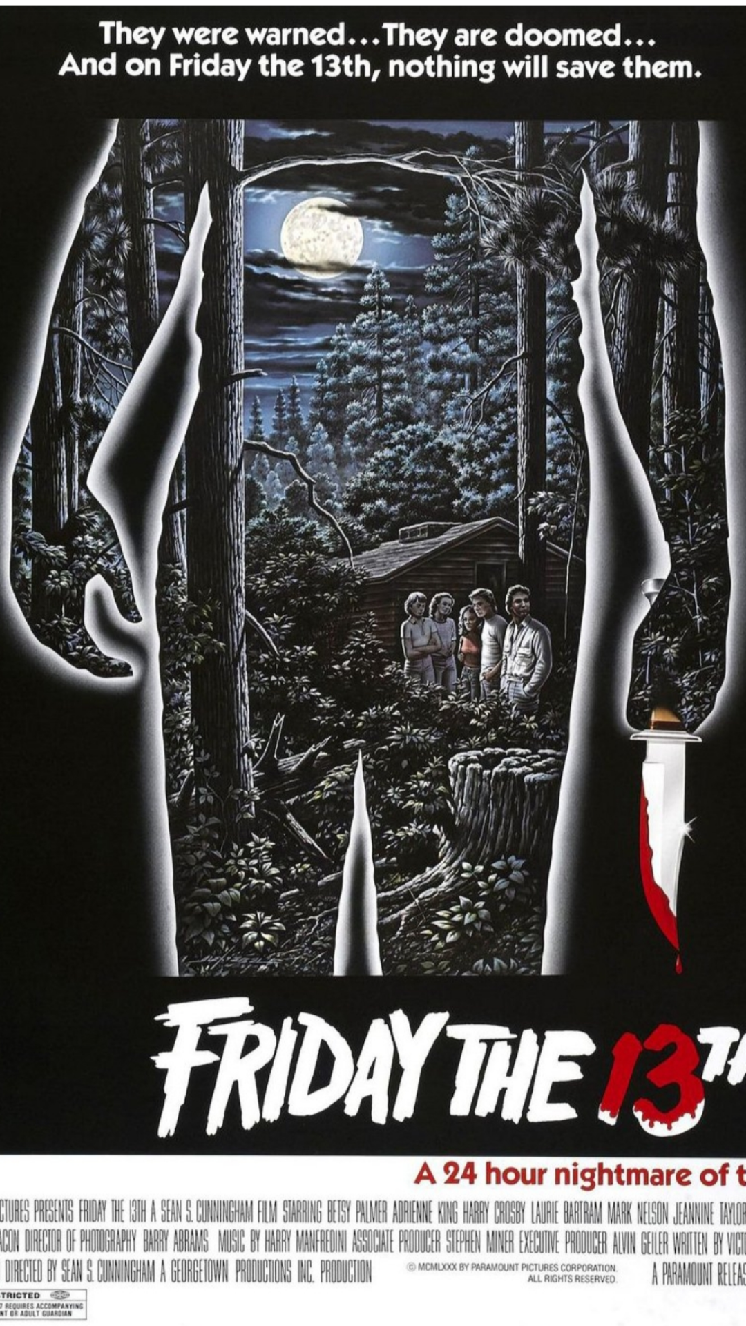A poster for "Friday the 13th" shows a group of people in the woods, framed by a silhouette holding a bloody knife. The moon shines above rows of trees. The text reads, "Friday the 13th" and "A 24 hour nightmare of terror.