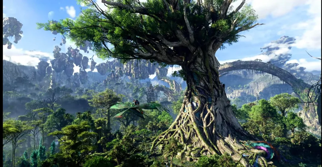 A massive, ancient tree with thick roots stands in a lush, alien forest. Floating mountains rise in the background, while a person rides a flying creature near the tree's branches. The scene is vibrant and fantastical.