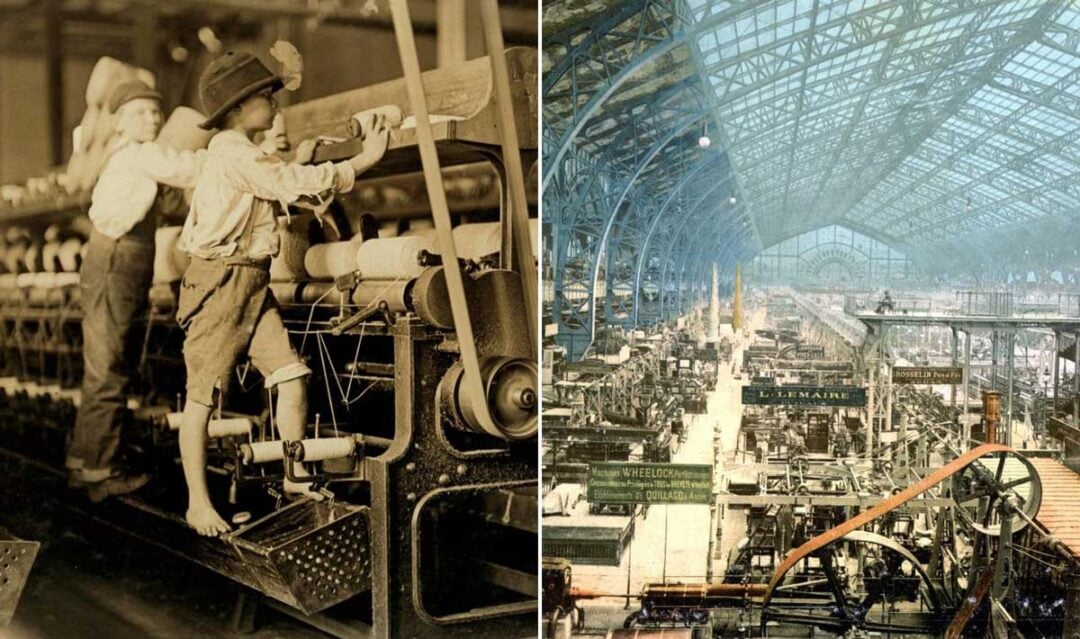 Split image: On the left, boys in old-fashioned clothing work at a textile mill. On the right, a large, bustling factory hall with machines and displays under an arched glass roof.