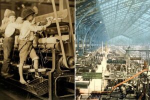 Split image: On the left, boys in old-fashioned clothing work at a textile mill. On the right, a large, bustling factory hall with machines and displays under an arched glass roof.