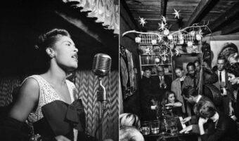 On the left, a woman sings passionately into a vintage microphone. On the right, people crowd around a piano in a cozy, decorated room, listening to a jazz performance.