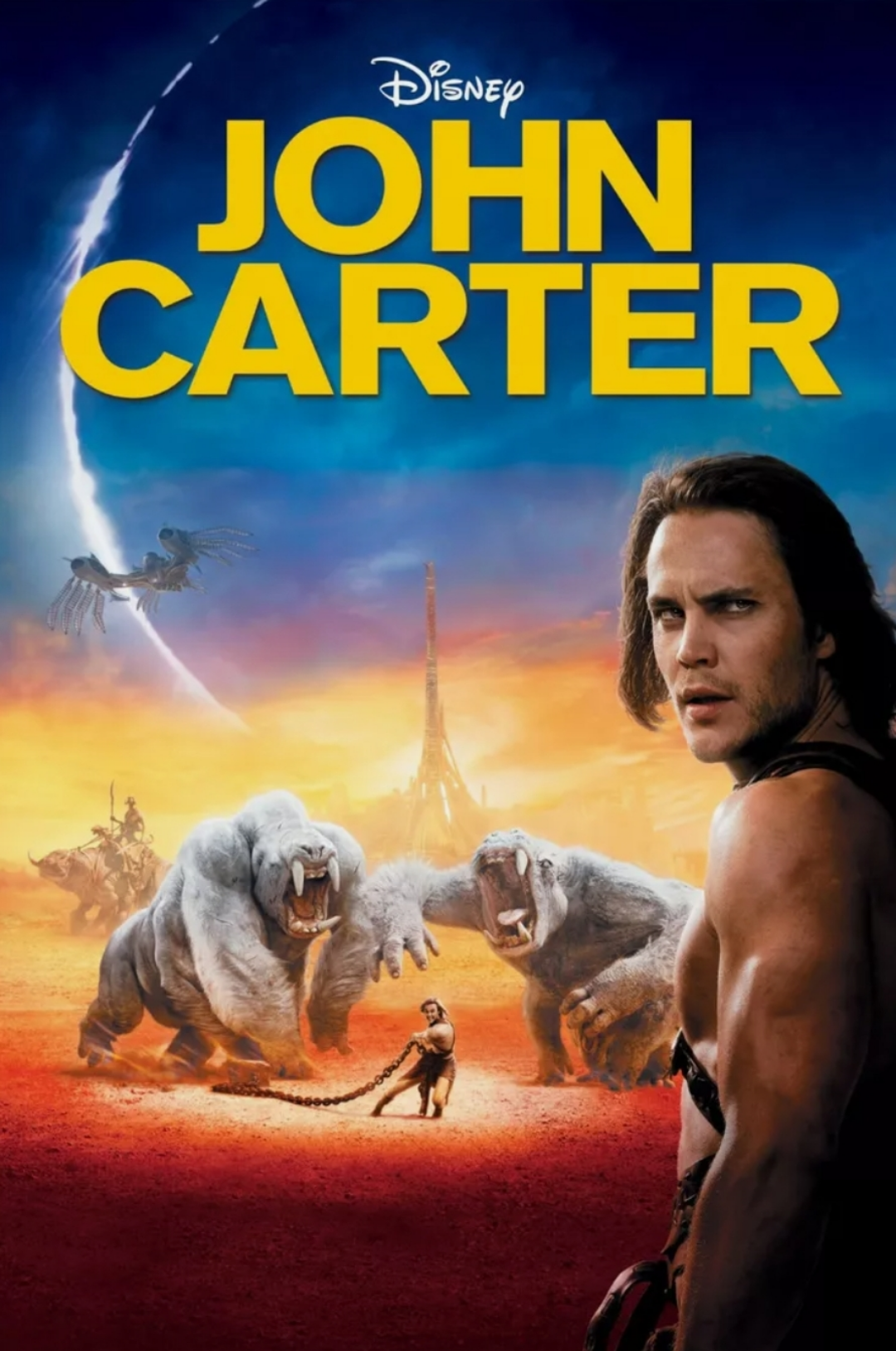 Poster for Disney’s "John Carter" showing a man with long hair in the foreground, fierce white creatures, a figure in chains, a Mars-like landscape, flying creatures, and a tall structure in the background at sunset.