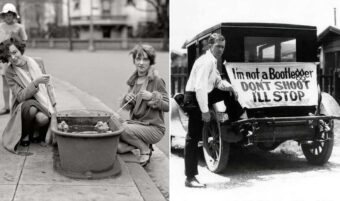 Left: Two women in 1920s attire smile while stirring a large pot outdoors. Right: A man stands by a vintage car with a sign saying, &ldquo;I&rsquo;m not a Bootlegger. Don&rsquo;t shoot, I&rsquo;ll stop.&rdquo;
