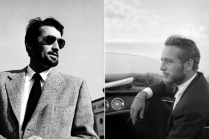 Side-by-side black and white photos of two men in suits. The left man wears sunglasses and looks away confidently; the right man, bearded, sits in a car gazing thoughtfully into the distance.