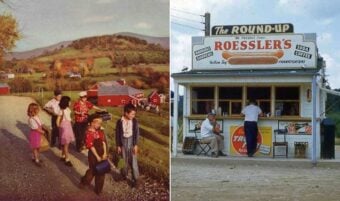 Split image: On the left, children with backpacks walk along a rural road near red barns and hills; on the right, people sit and stand at a retro food stand called "The Round-Up Roessler's.