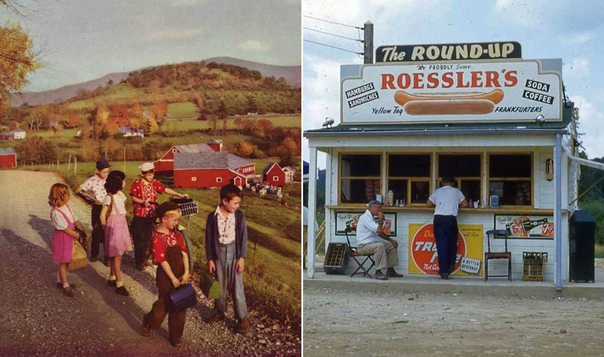 Split image: On the left, children with backpacks walk along a rural road near red barns and hills; on the right, people sit and stand at a retro food stand called "The Round-Up Roessler's.
