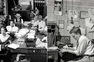 Two black-and-white photos: Left, several people work at desks with typewriters and large stacks of paper in a busy office. Right, a man types alone at a cluttered desk with papers pinned to a wooden wall.