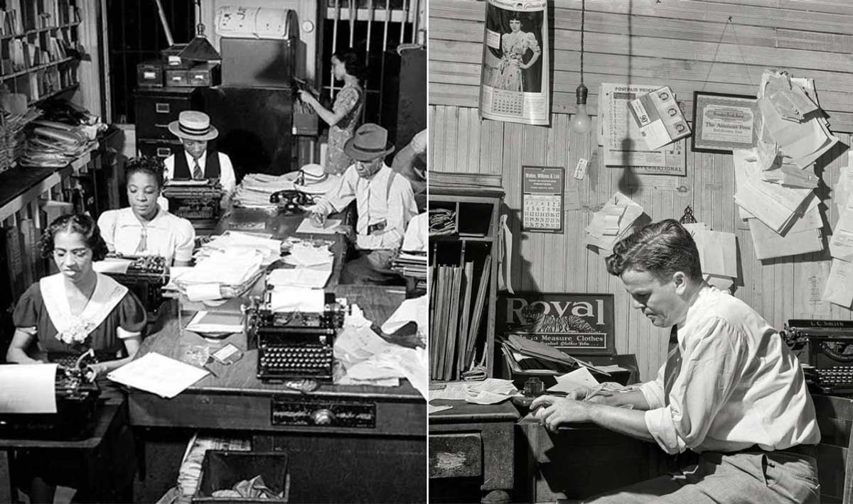 Two black-and-white photos: Left, several people work at desks with typewriters and large stacks of paper in a busy office. Right, a man types alone at a cluttered desk with papers pinned to a wooden wall.