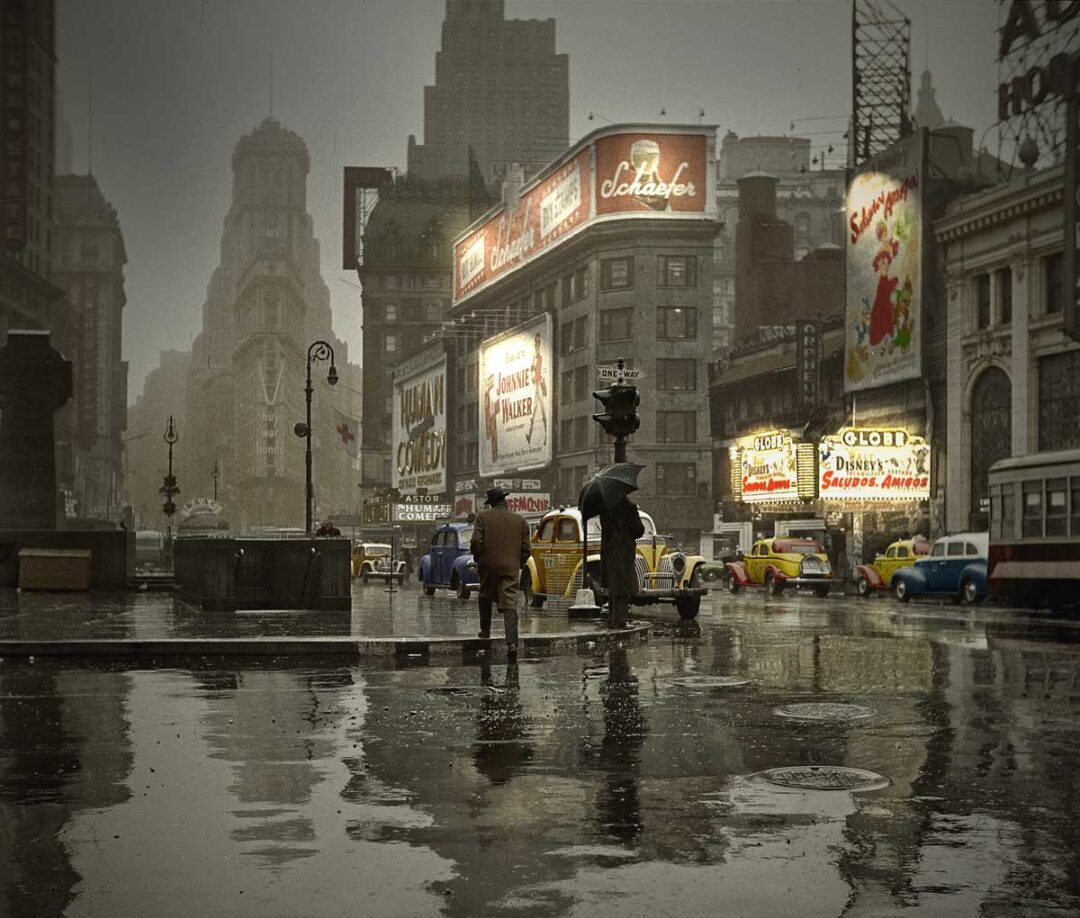 A rainy city street scene at night, featuring people with umbrellas, vintage cars, and bright neon signs reflecting on wet pavement in a bustling urban area.