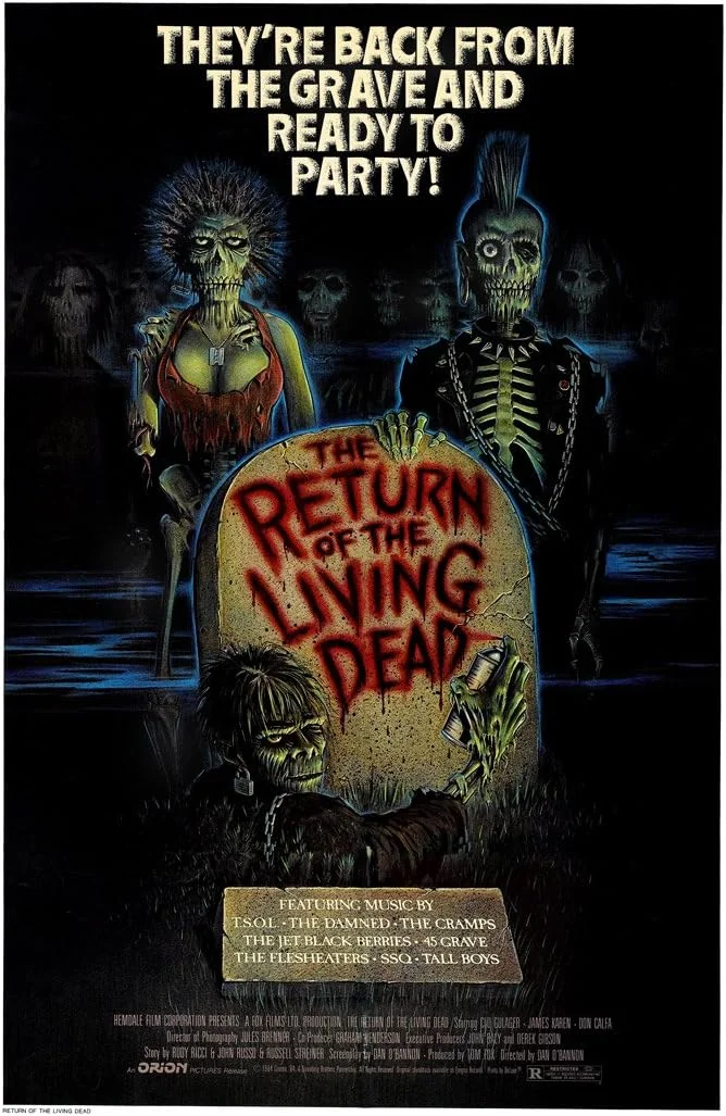 Poster for "The Return of the Living Dead" shows skeleton zombies in party attire rising from graves at night, with the film title glowing on a tombstone and the tagline “They’re back from the grave and ready to party!” above.
