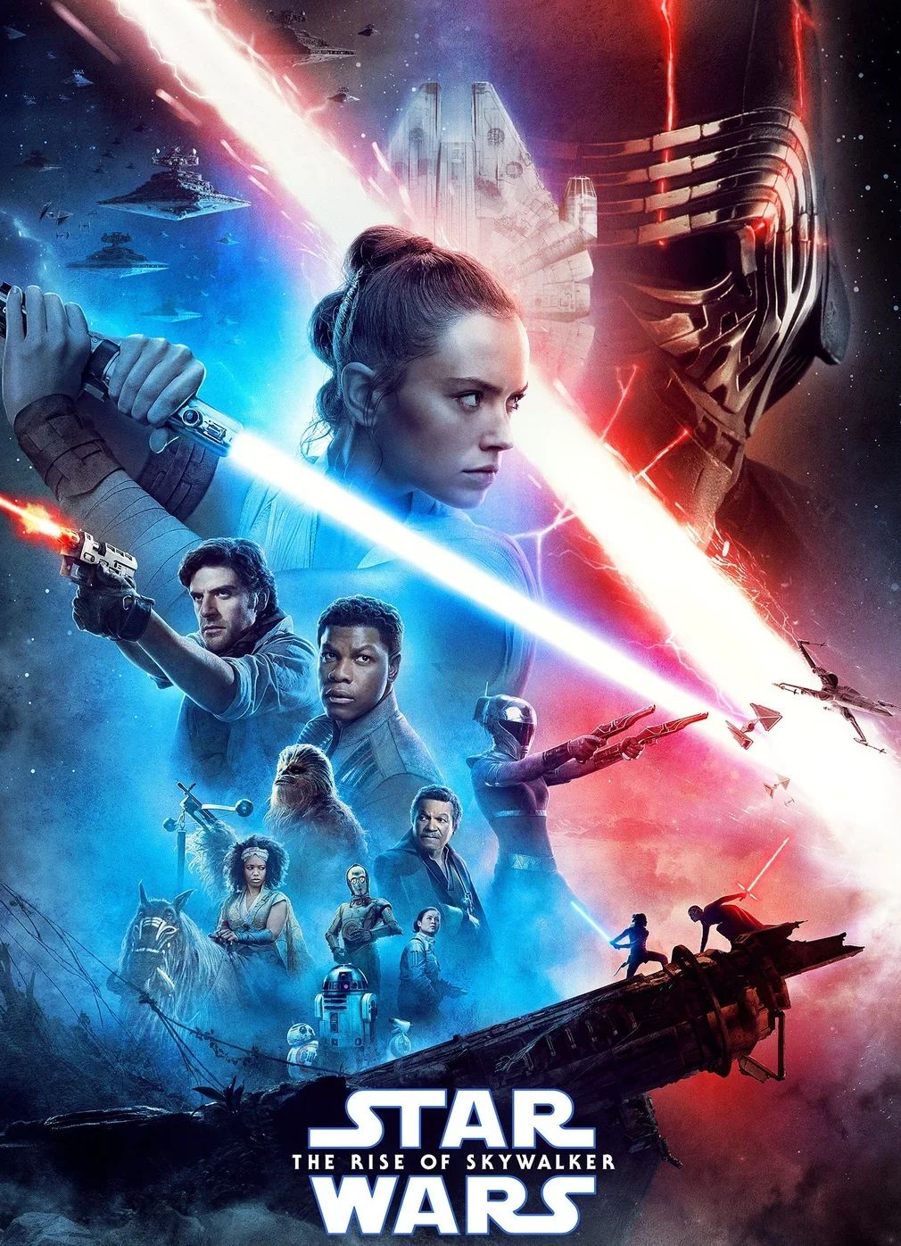 A "Star Wars: The Rise of Skywalker" movie poster featuring Rey and Kylo Ren facing off with lightsabers, surrounded by other main characters, spaceships, and a dramatic cosmic background. Release date: December 20.