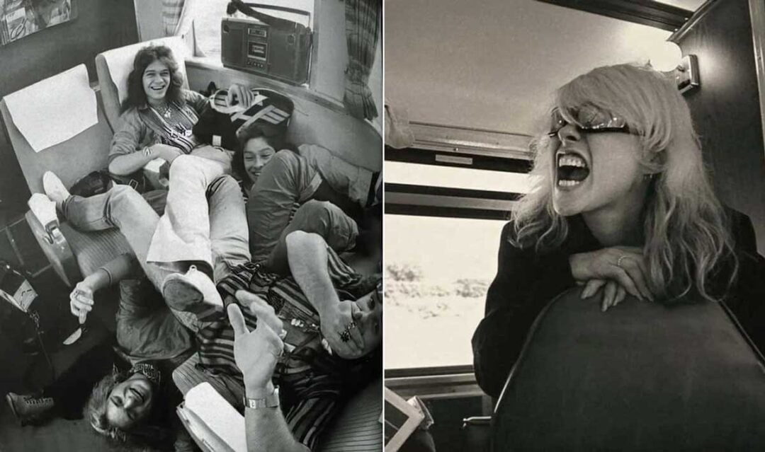 Black-and-white split image: left, four people laughing and lounging together in a train compartment; right, a woman with light hair and sunglasses leans over a seat, smiling widely or laughing.