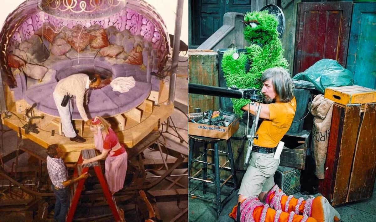 Two behind-the-scenes photos: on the left, people construct a giant set piece resembling a bed inside a sphere; on the right, puppeteers operate Sesame Street’s Oscar the Grouch and another character from behind set props.