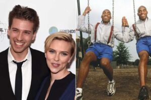 A split image: on the left, a man in a black suit and a woman in a dark dress pose smiling at an event. On the right, two men wearing matching outfits swing and hold hands at a playground, smiling joyfully.