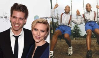 A split image: on the left, a man in a black suit and a woman in a dark dress pose smiling at an event. On the right, two men wearing matching outfits swing and hold hands at a playground, smiling joyfully.