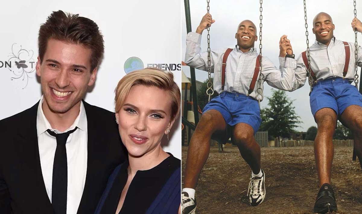 A split image: on the left, a man in a black suit and a woman in a dark dress pose smiling at an event. On the right, two men wearing matching outfits swing and hold hands at a playground, smiling joyfully.