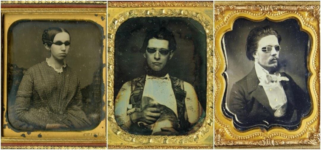 Three vintage black-and-white portraits of people in 19th-century clothing, each wearing modern sunglasses. The images have ornate gold frames and an old-fashioned photographic style.