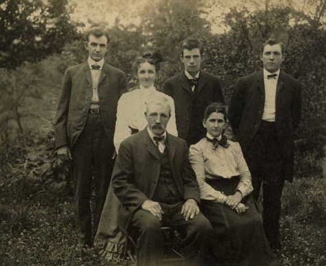 A sepia-toned vintage photograph of three men and three women, dressed in formal early 20th-century attire, posing outdoors. Two people are seated in front while the other four stand behind them. Trees and foliage are visible in the background.